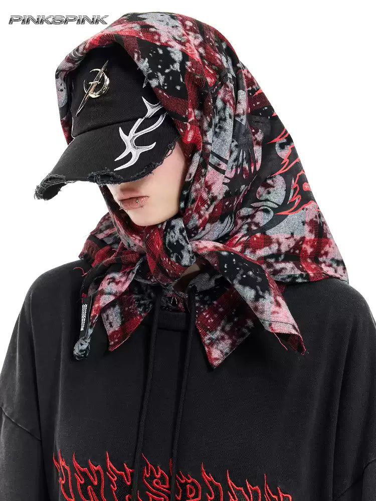 PINKSPINK REMAKE red-plaid bandana top / headscarf — alternate modeled view showing the silhouette