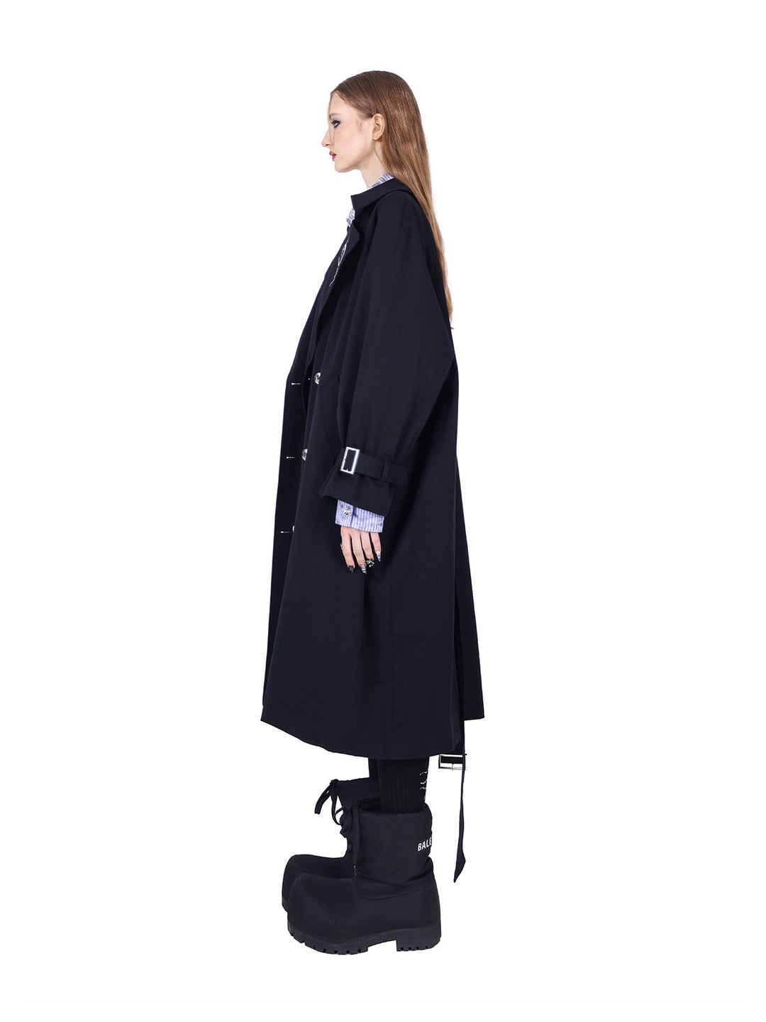 PINKSPINK ELECTRIC MOON reversible patchwork trench coat in black — full-length side view showing the loose trench silhouette