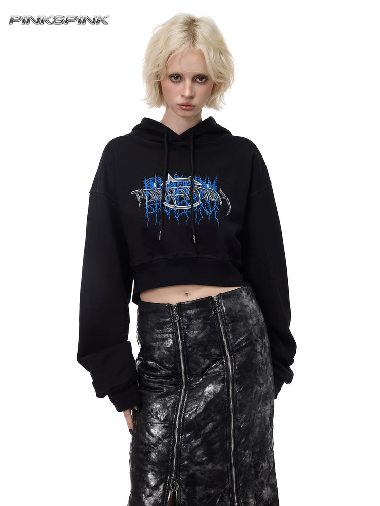 PINKSPINK THORN SIGNAL open-back cropped hoodie — black front modeled view