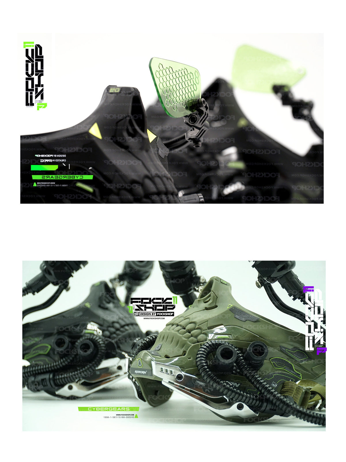 FOCKSHOP STARPOLE skull cyber mask — green-lens hinge and mask detail views in black and army green