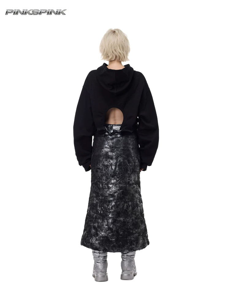 PINKSPINK ELECTRIC MOON metallic double-zip maxi skirt — black silver back full-length view