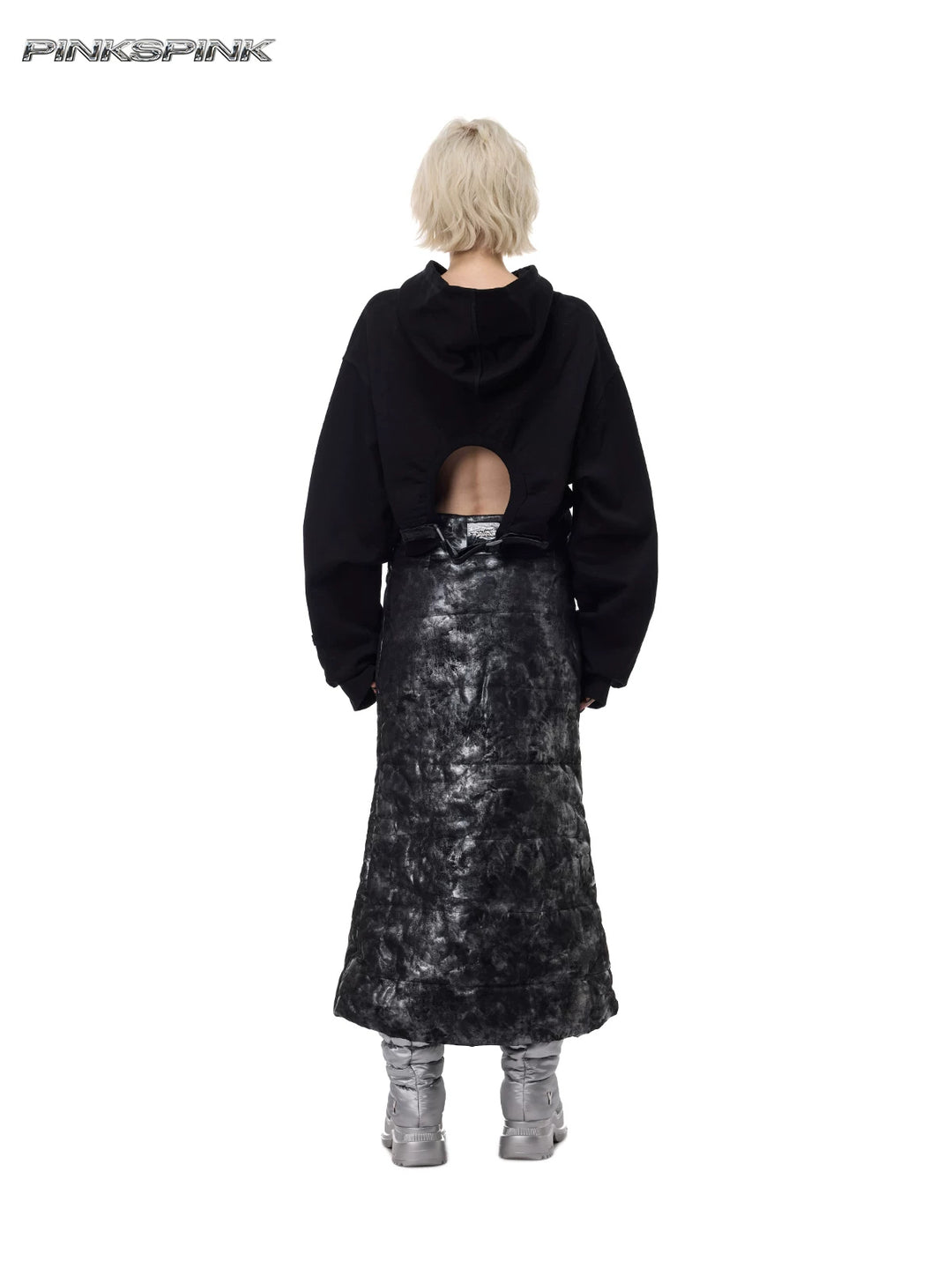 PINKSPINK THORN SIGNAL open-back cropped hoodie — black back full-length view of cutout