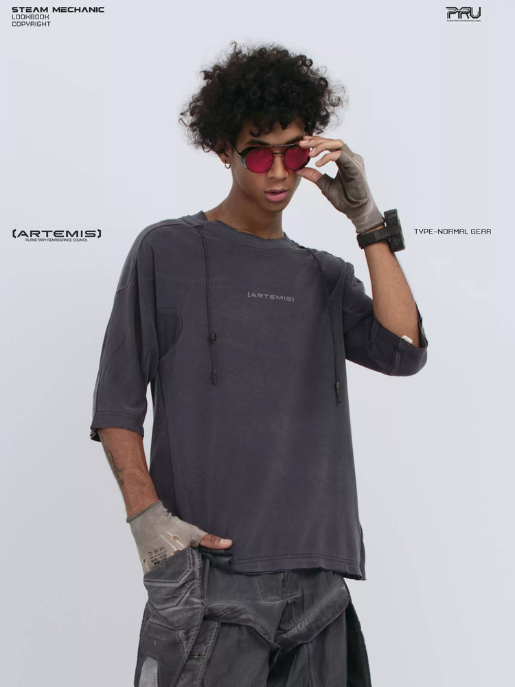 LIGHTSHADOW spirit deconstructed technical tee — front three-quarter view adjusting red sunglasses