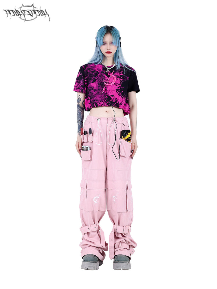 PINKSPINK ELECTRIC MOON double-layer tie-dye crop tee — pink-black full-length front modeled view with arms lowered