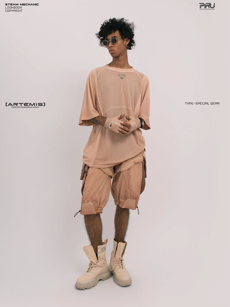 STARFIELD WELDER soft dawn orange distressed mesh tee — full-length three-quarter view with hands clasped