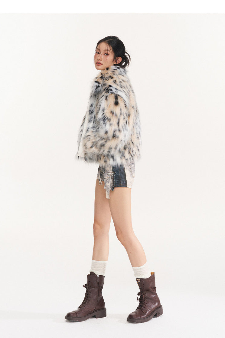 NAWS WILD LEOPARD faux-fur jacket — close modeled view highlighting the construction