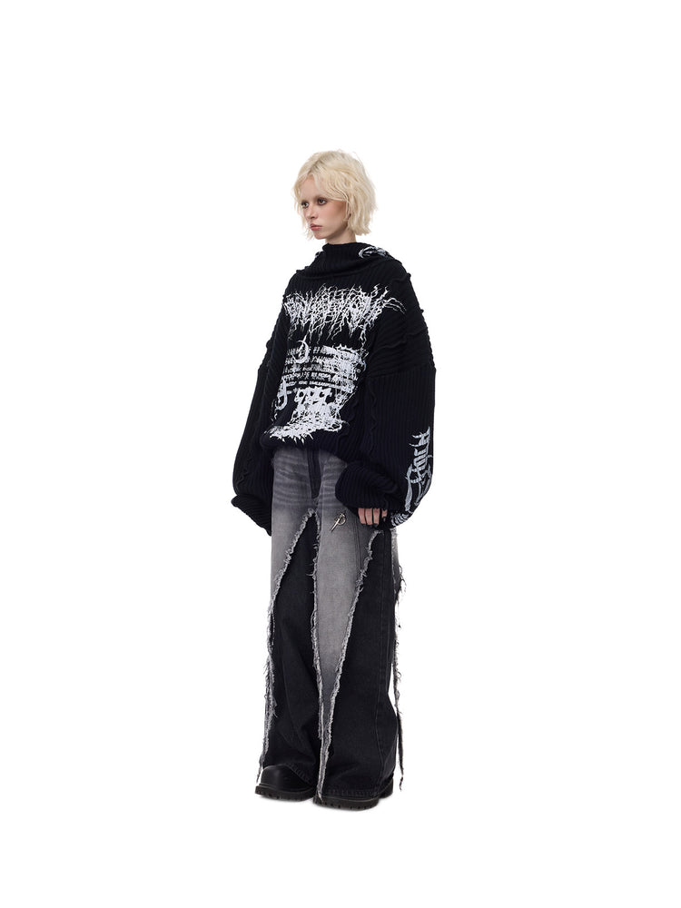 PINKSPINK ELECTRIC MOON reconstructed wide-leg jeans — angled full-length styling with graphic sweater
