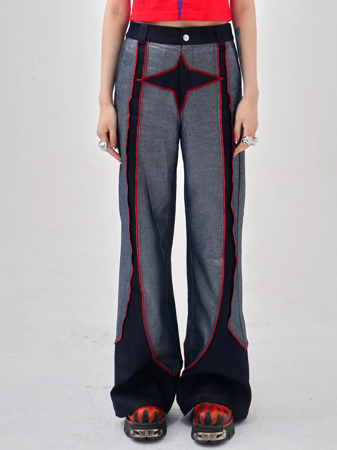 EMBRYO STARSHIFT patchwork flare jeans — front product presentation