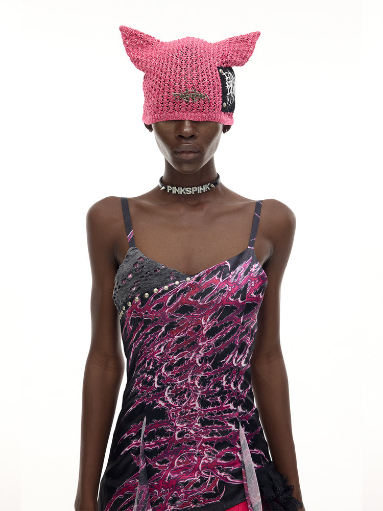 PINKSPINK NEON RIFT asymmetrical lace-trim mini dress — front close-up of neckline and digital print