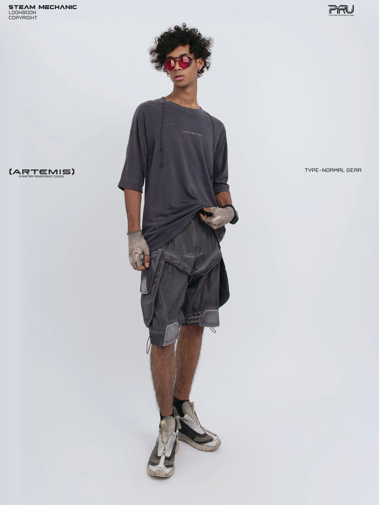 LIGHTSHADOW spirit deconstructed technical tee — full-length angled front view holding the hem