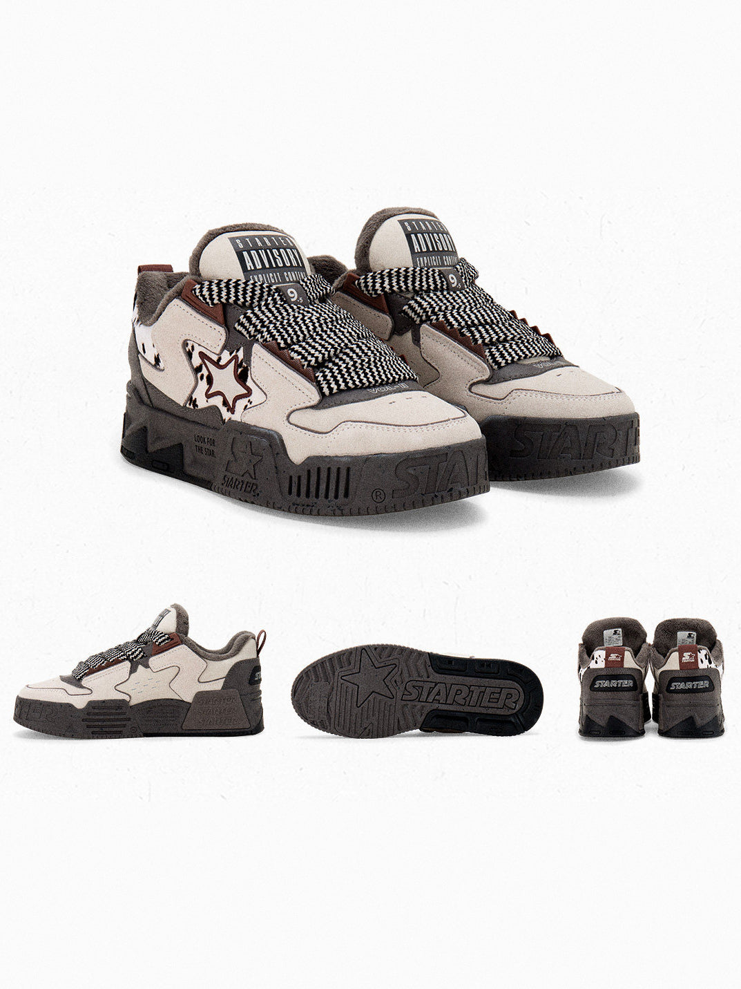 STARTER ZOO Zebra Gray sneakers in clean studio pair, side, rubber outsole and heel views