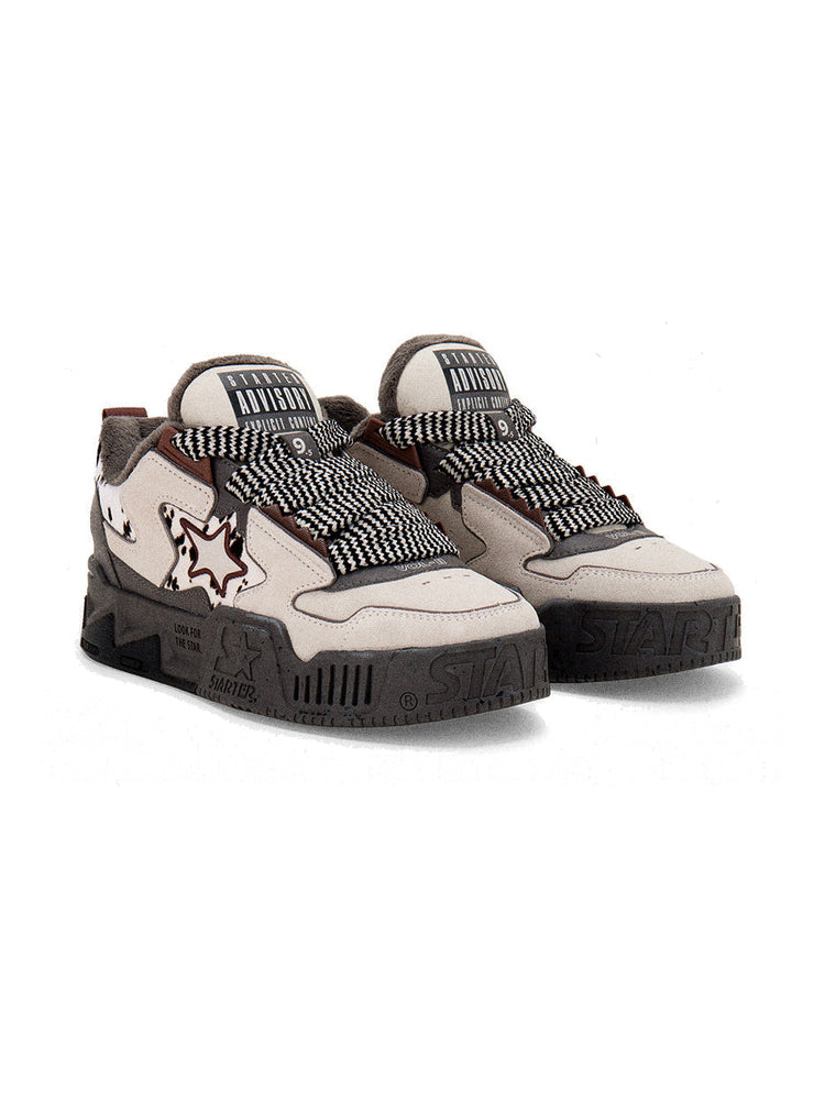 STARTER ZOO fleece-lined zebra platform sneakers — complete pair in a front three-quarter studio view on a clean white background.