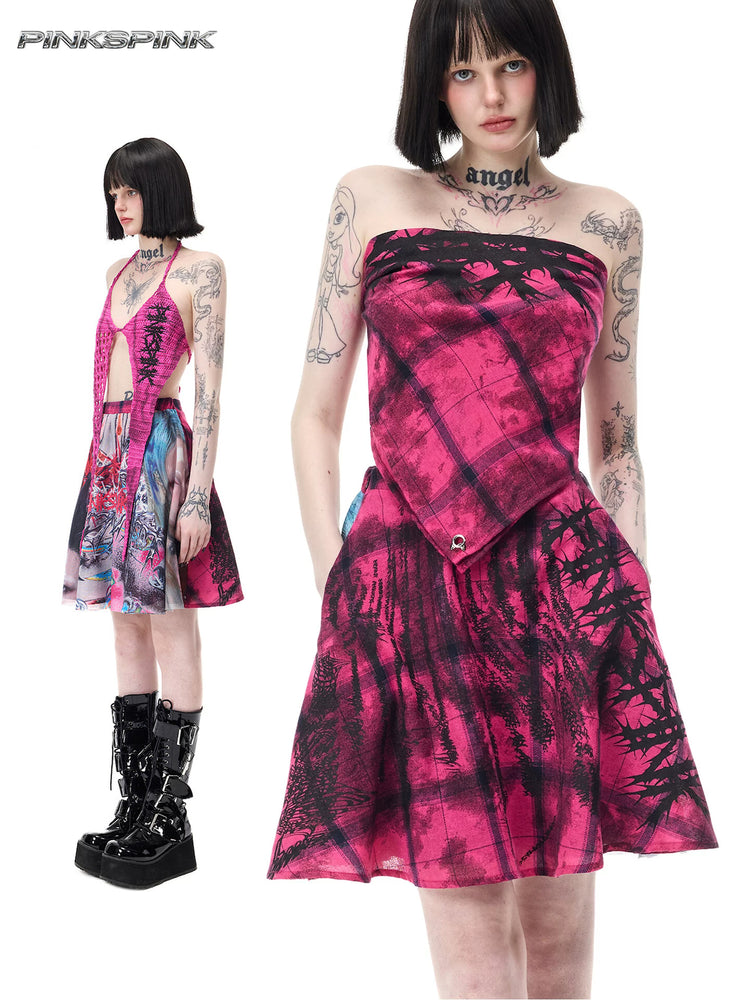 PINKSPINK FUTURE PORTRAIT reversible graphic mini skirt in black and pink — collage showing portrait-panel styling and a close view of the plaid panel with a separate bandana top