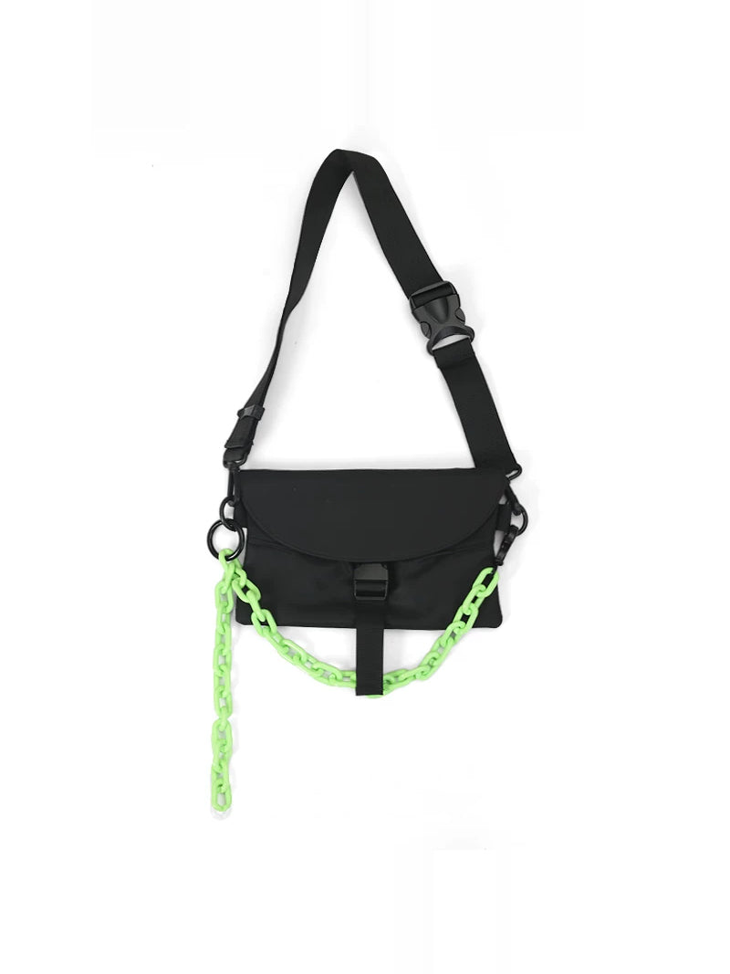 OFF-LABEL crossbody bag in black with fluorescent green detachable chain