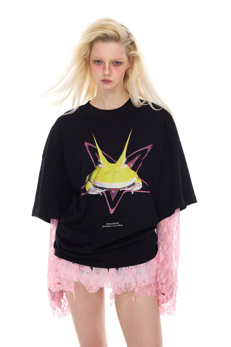 PINKSPINK ELECTRIC MOON thorn-cat distressed lace layering tee — product detail view showing texture and hardware