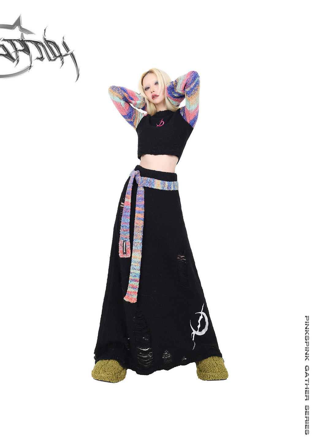 PINKSPINK ELECTRIC MOON rainbow-sleeve cropped sweater with scarf — full-length modeled view with arms raised and scarf at the waist