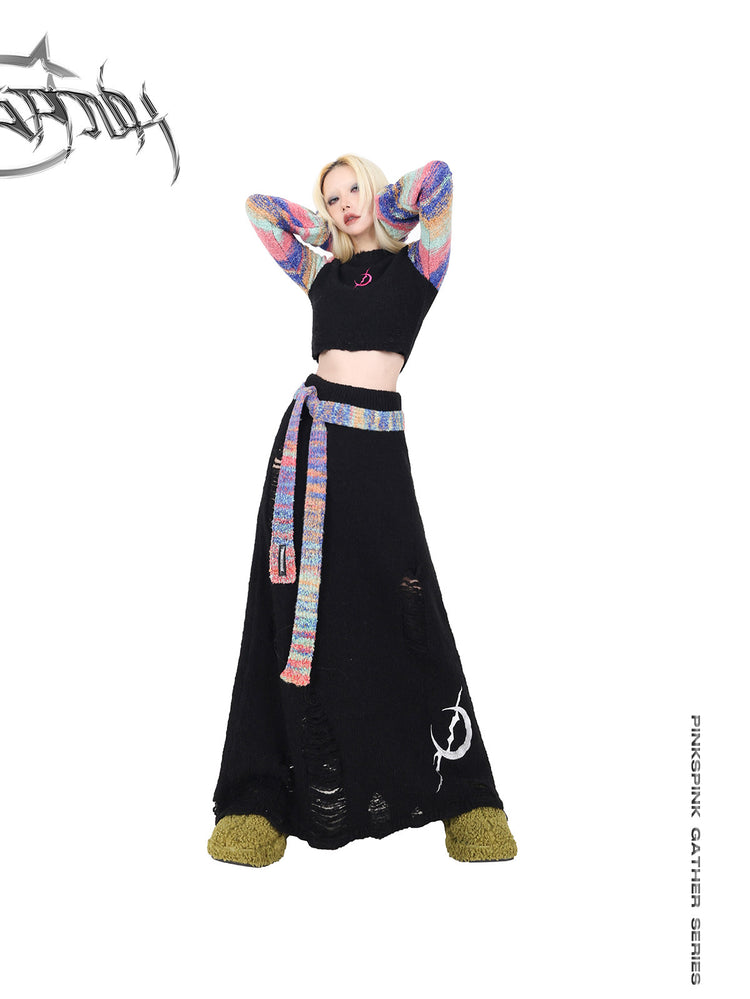 PINKSPINK ELECTRIC MOON rainbow-sleeve cropped sweater with scarf — full-length modeled view with arms raised and scarf at the waist