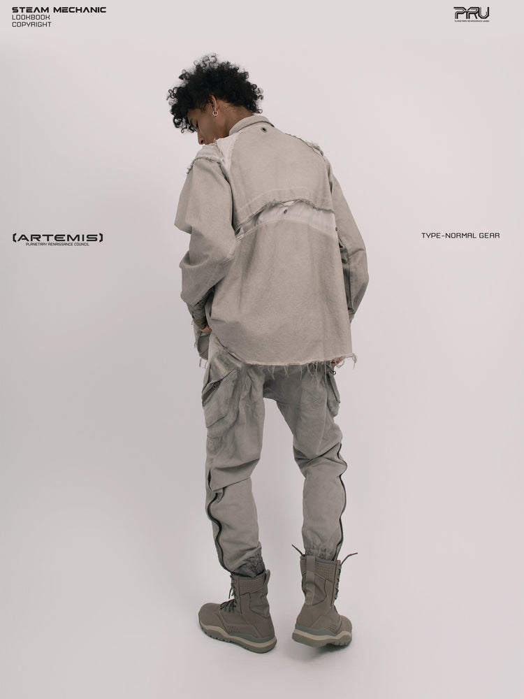 CHAOS ERA raw-edge technical shirt in nightfall gray — full-length rear three-quarter view showing layered back panels