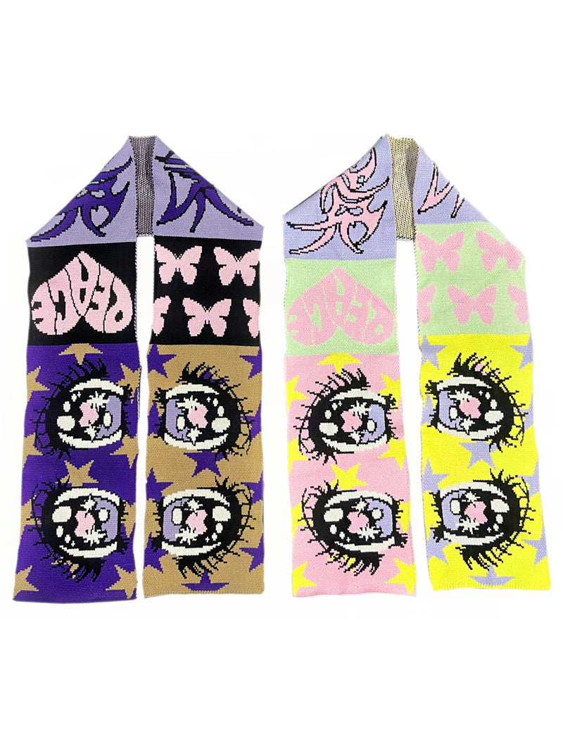DEADENDKIDS ANIME EYES knit scarf & reversible hat — rear modeled view