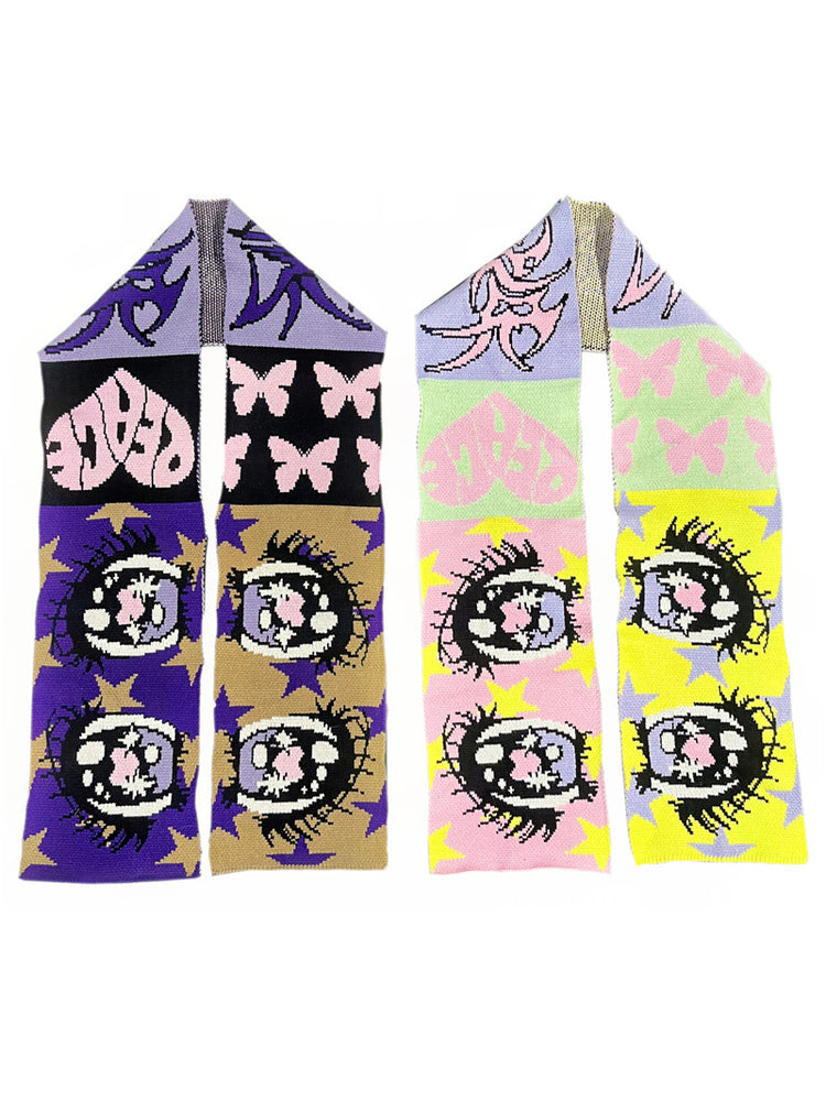 DEADENDKIDS ANIME EYES knit scarf & reversible hat — rear modeled view