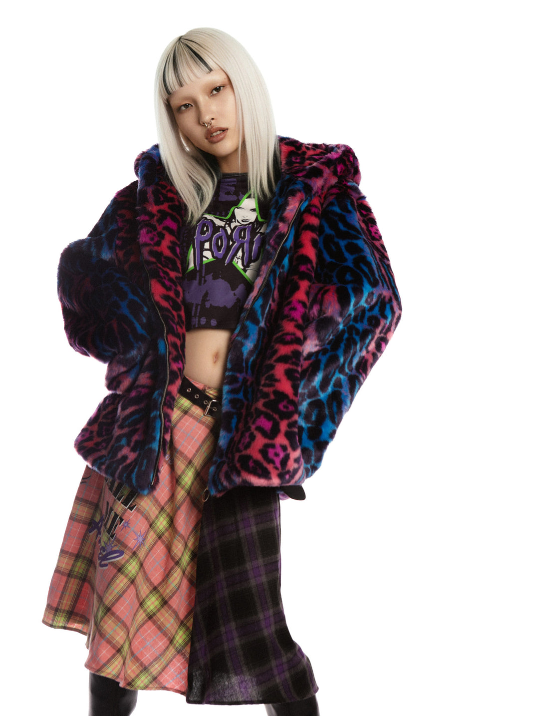 DeadEndKids leopard-print faux-fur hooded jacket in blue purple — modeled view showing the collar and sleeves