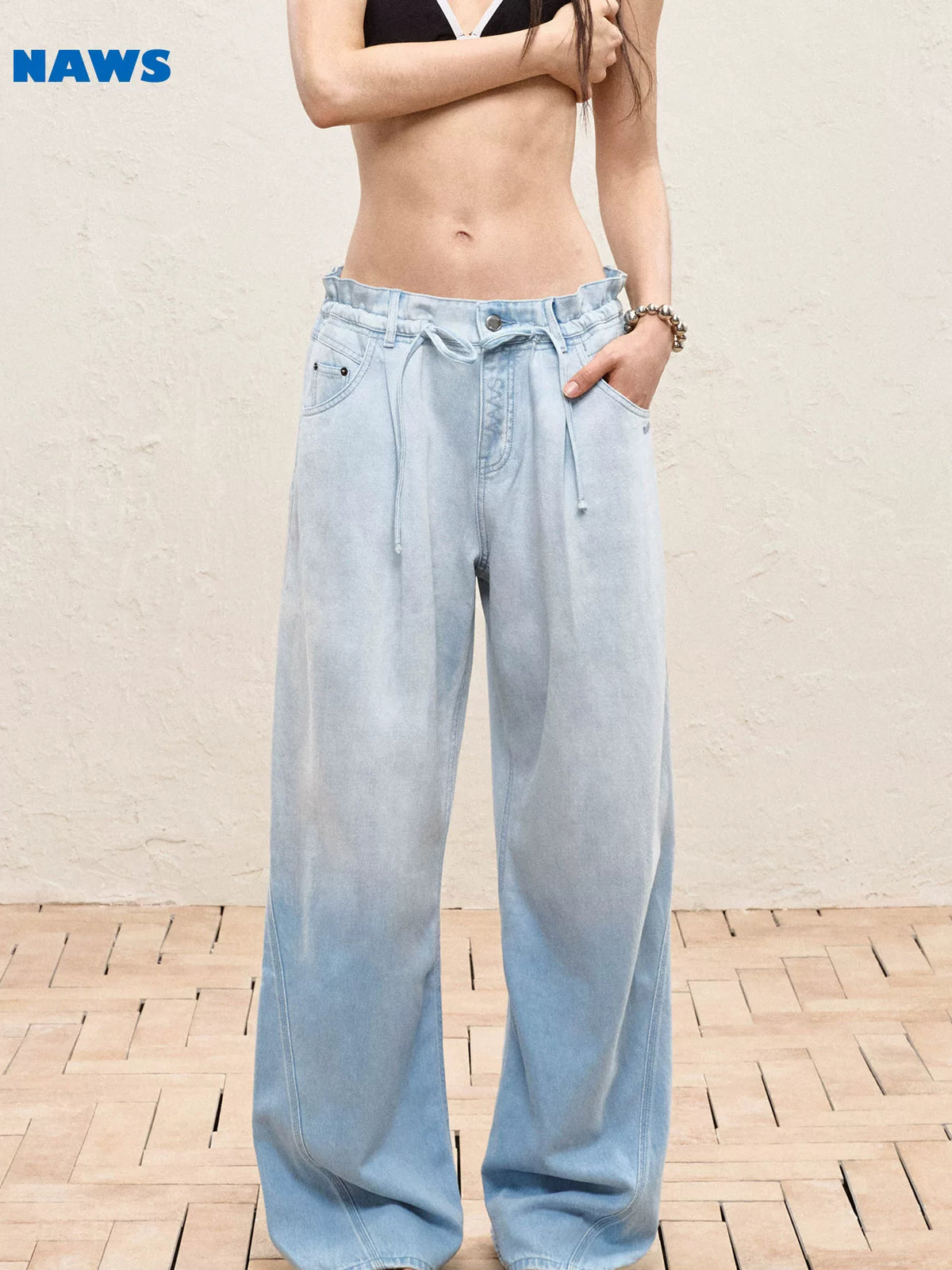 NAWS SUMMER VACATION hemp-blend wide-leg jeans — cleaned hero collage showing the complete design