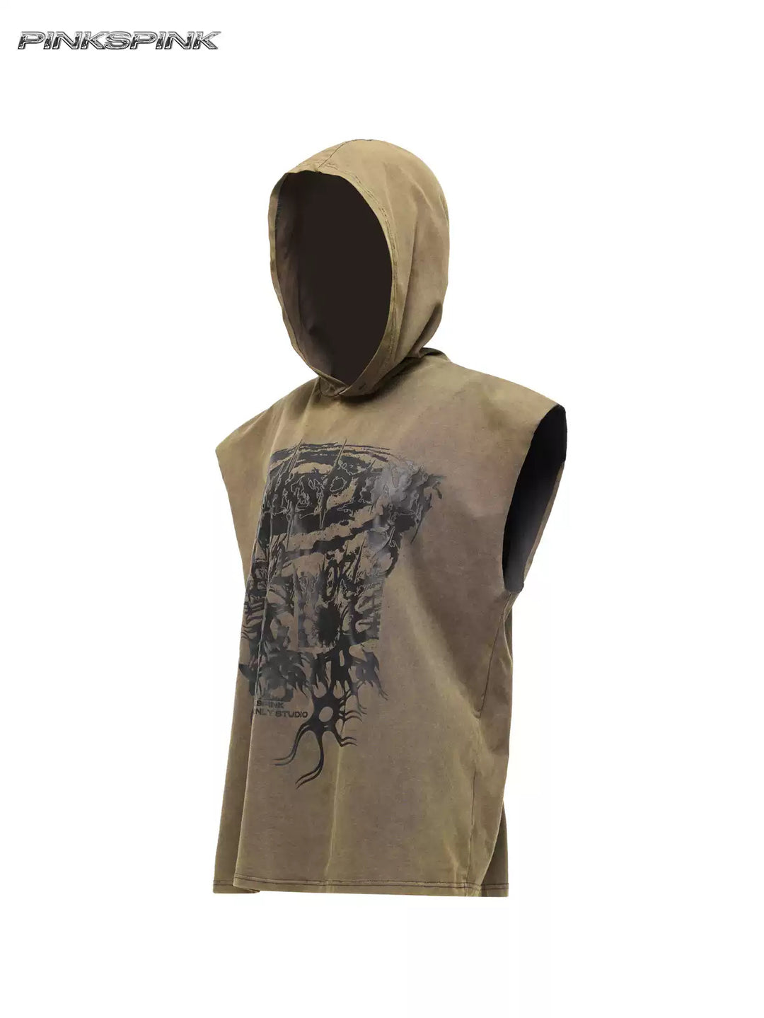 PINKSPINK COSMOS washed sleeveless hooded tee in olive green — front garment-only view