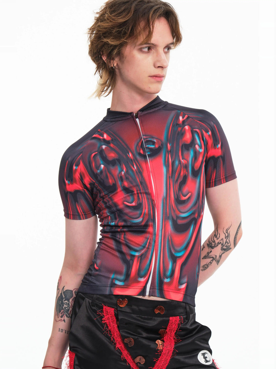 EMBRYO RED SIGNAL fitted cycling top — front product presentation