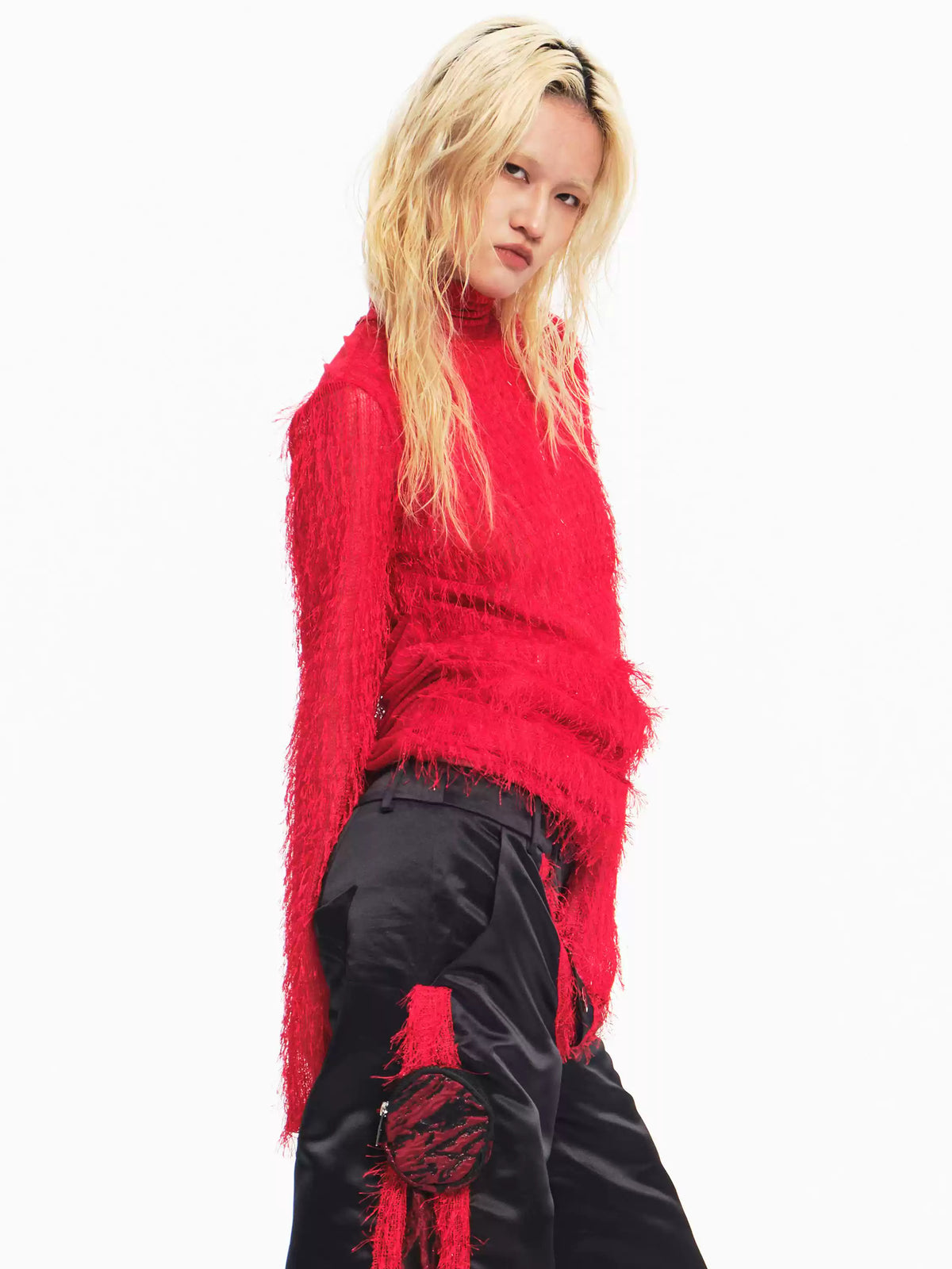 EMBRYO RED SPIDER distressed mesh top — front modeled view