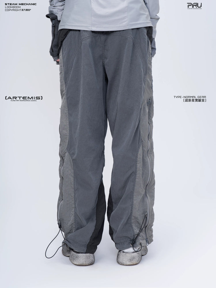 SUPERNOVA alloy gray metallic nylon technical pants — construction detail