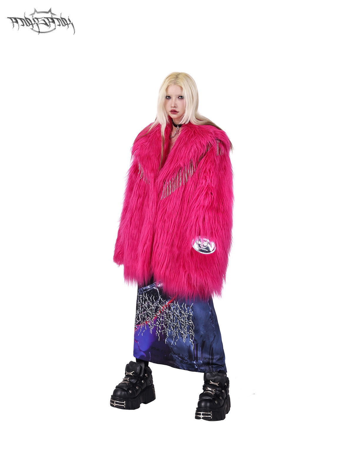 PINKSPINK BARBIE PINK rhinestone faux-fur coat — close modeled view highlighting the construction