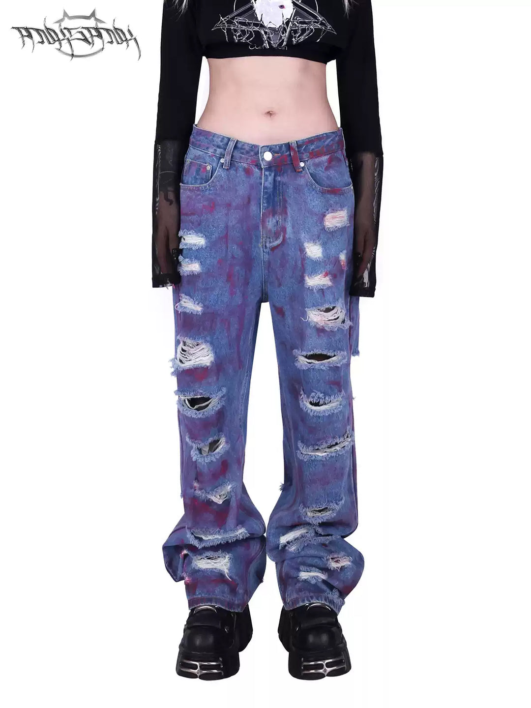 WASTELAND POWDER COATING RIPPED unisex loose-fitting jeans