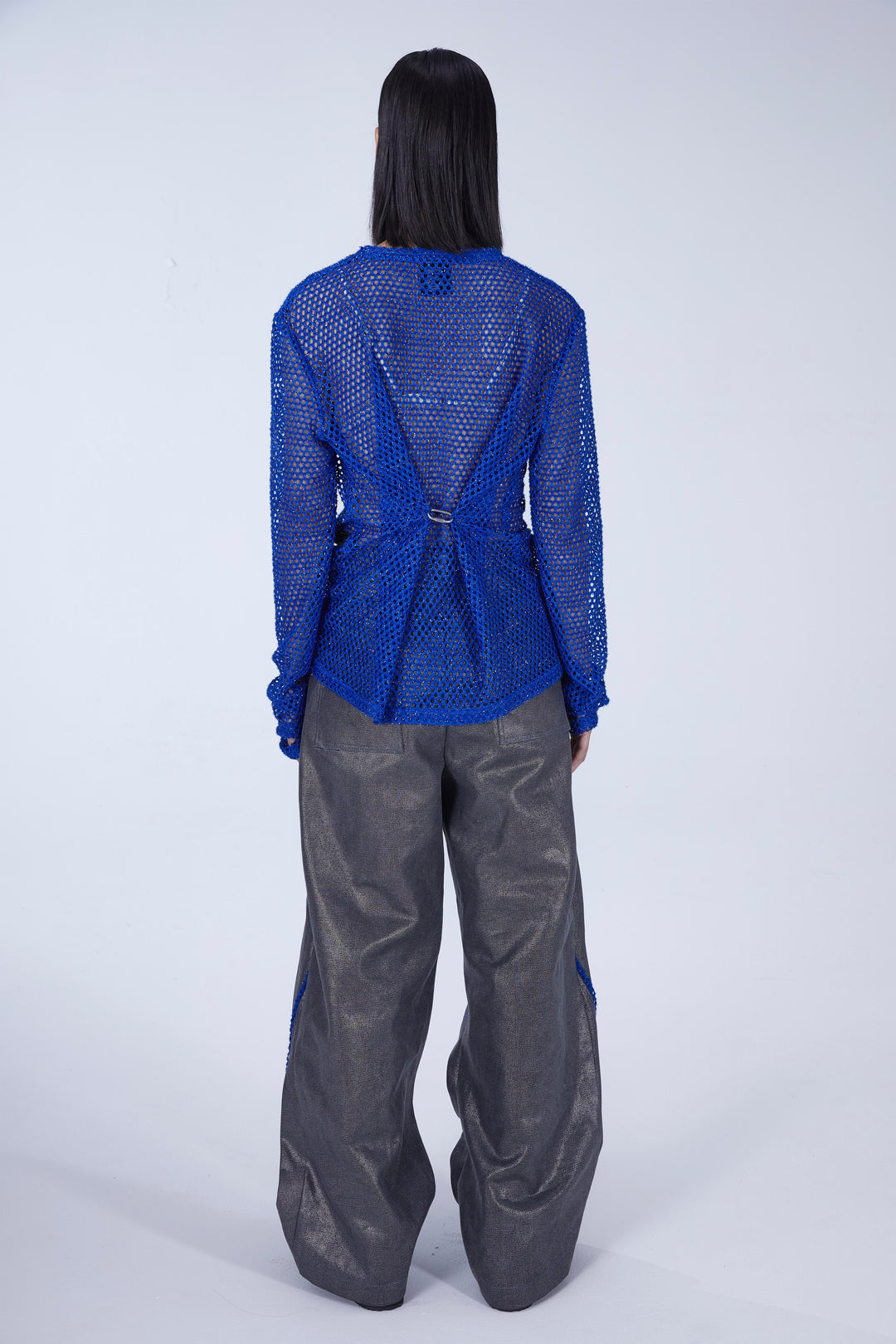 EMBRYO BLUE VOID cutout mesh finger-sleeve top — garment-only construction view