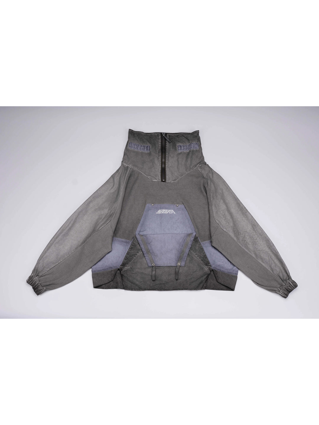 PIONEER moon dust gray detachable-pocket utility hoodie — front flat-lay view showing a high zipped collar and fold-down geometric chest pocket
