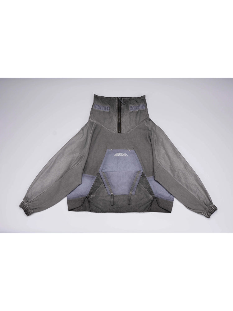 PIONEER moon dust gray detachable-pocket utility hoodie — front flat-lay view showing a high zipped collar and fold-down geometric chest pocket
