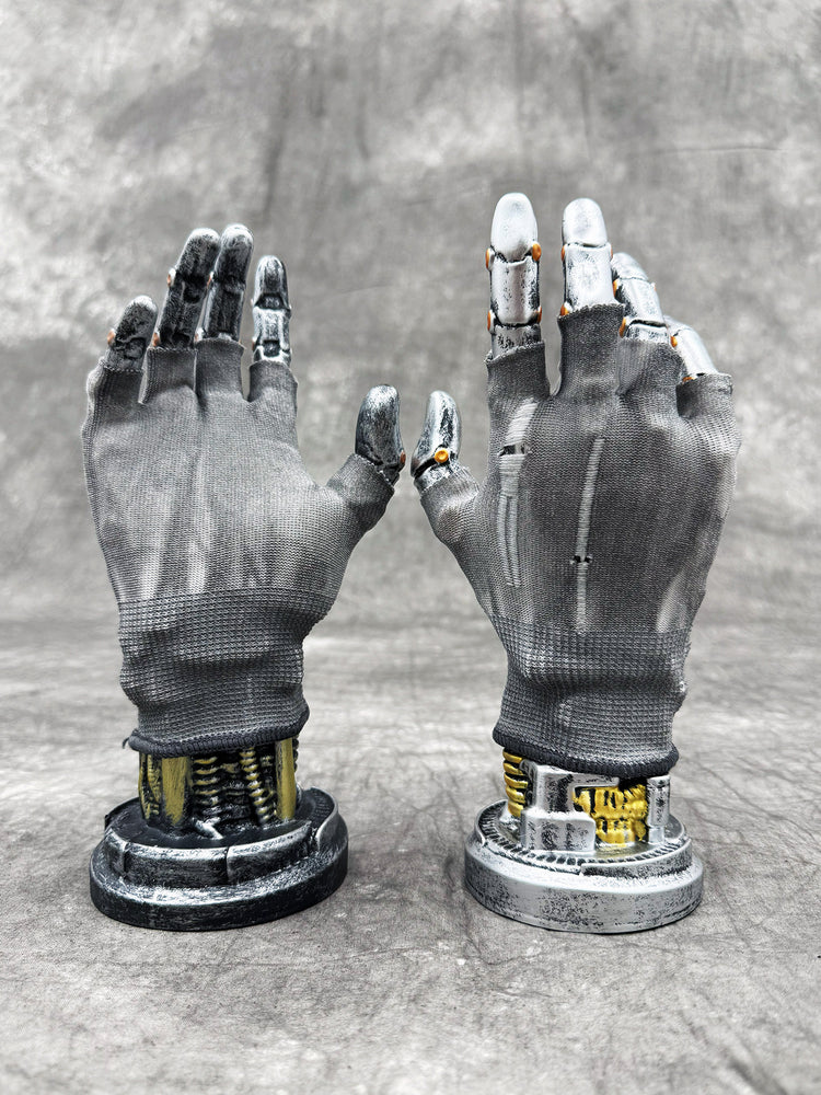 PRECISION CASTING distressed fingerless gloves in moon-dust gray, NO GLUE — uncoated palm and distressed back views on display hands
