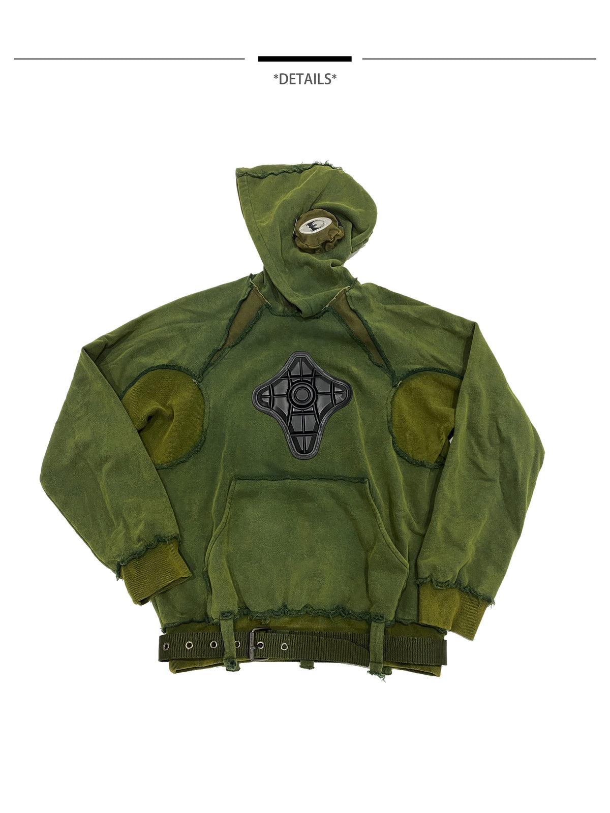 EMBRYO GREEN GUARD distressed armor hoodie — alternate modeled angle