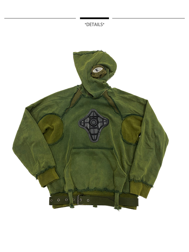 EMBRYO GREEN GUARD distressed armor hoodie — alternate modeled angle