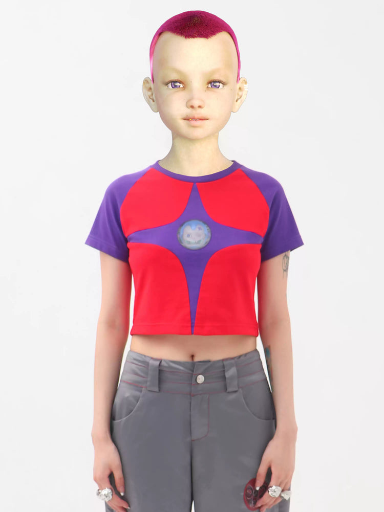 EMBRYO STARSHIFT cropped raglan tee — front modeled view