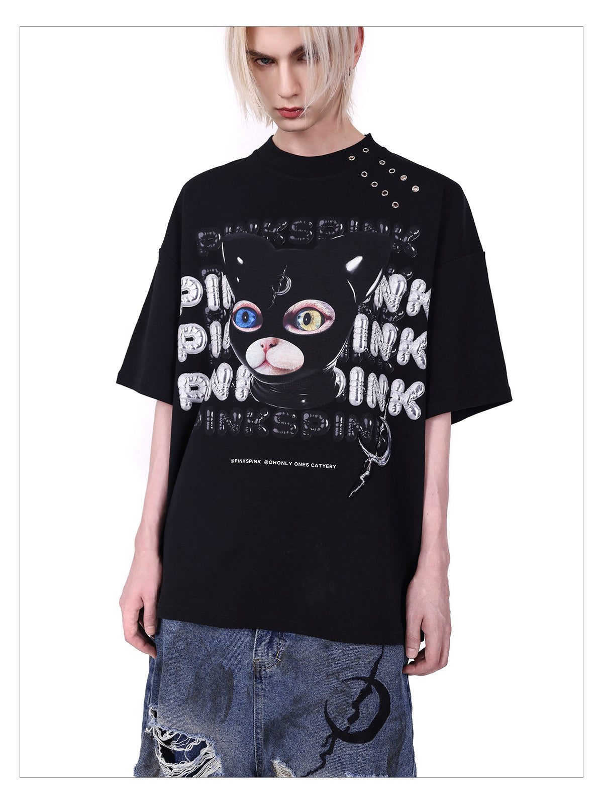 PINKSPINK GERMAN CAT oversized graphic tee — full-length modeled styling view