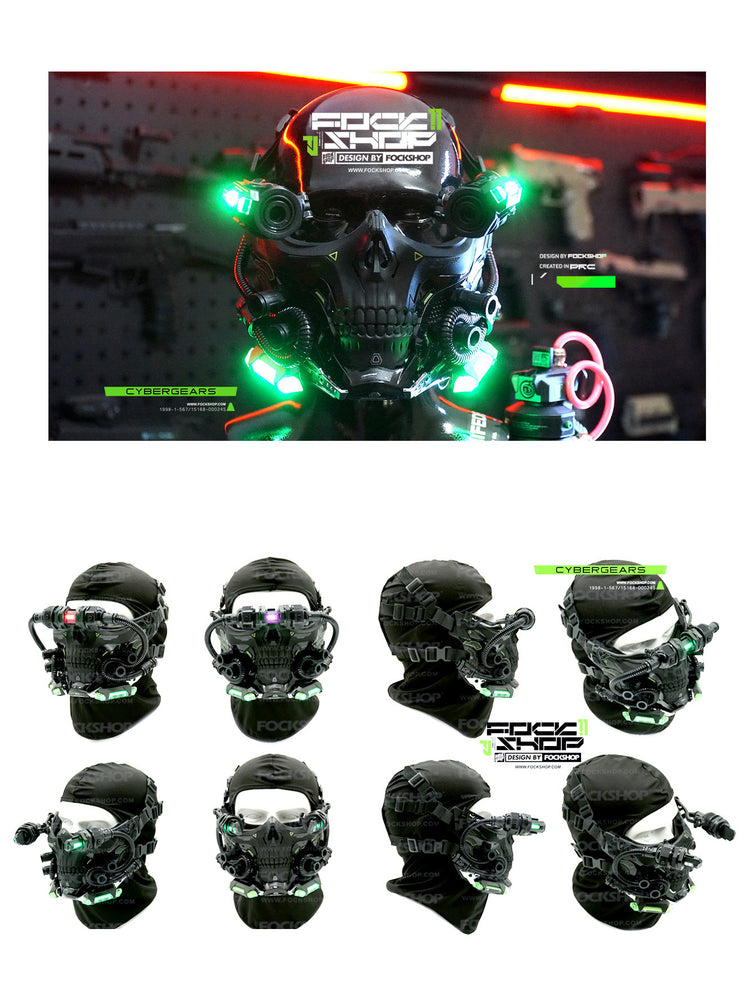 FOCKSHOP STARPOLE skull cyber mask — illuminated black mask front view and rear view of the fabric hood and fastening straps