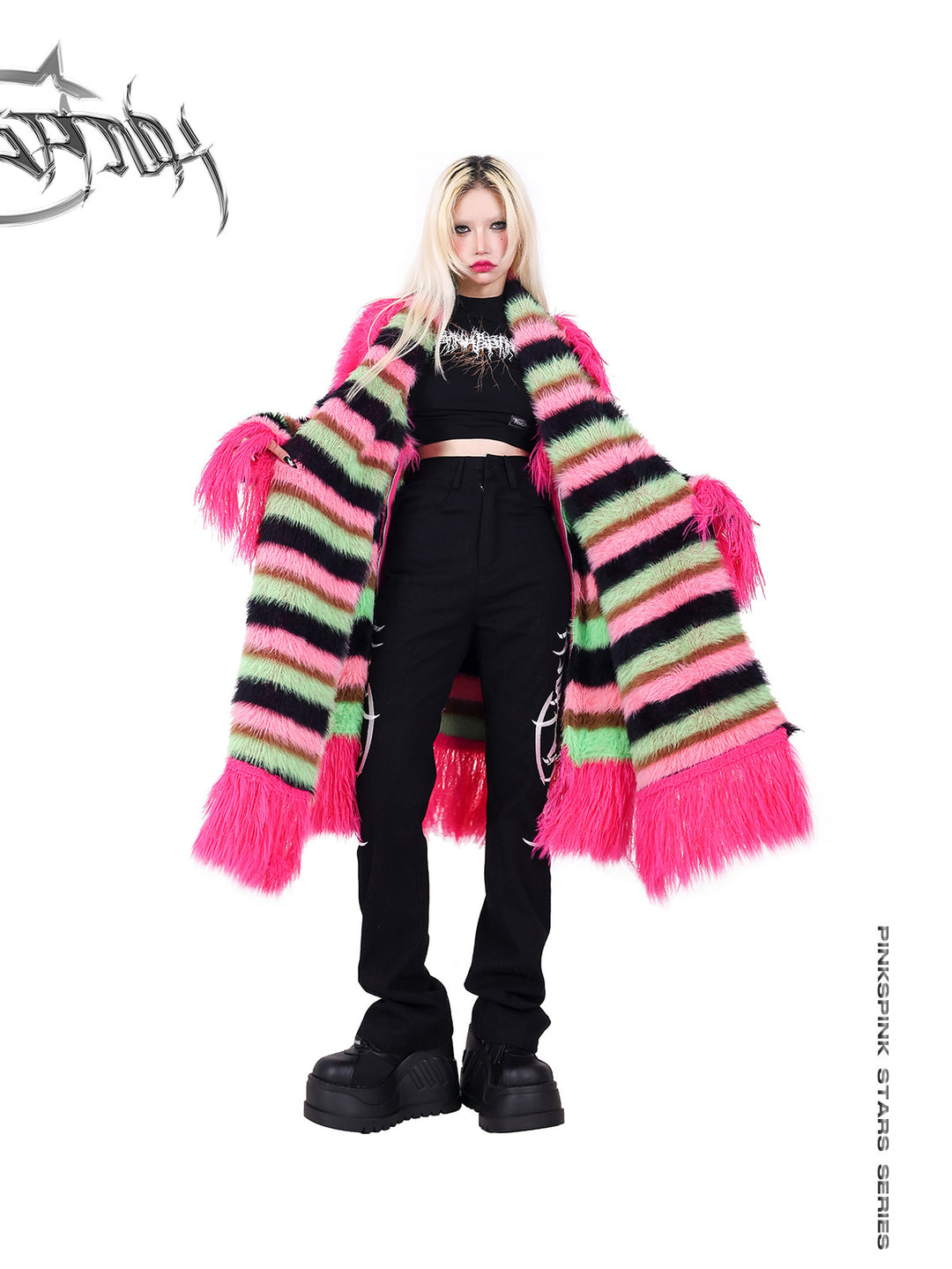 PINKSPINK FUTURE COLOR striped zip cardigan — modeled detail view of the garment construction