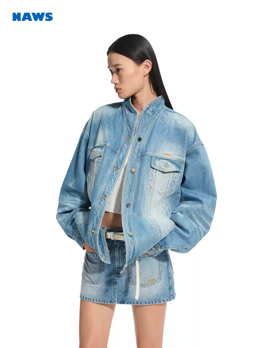 NAWS VOLCANO washed denim stand-collar jacket — alternate gallery view showing the design details