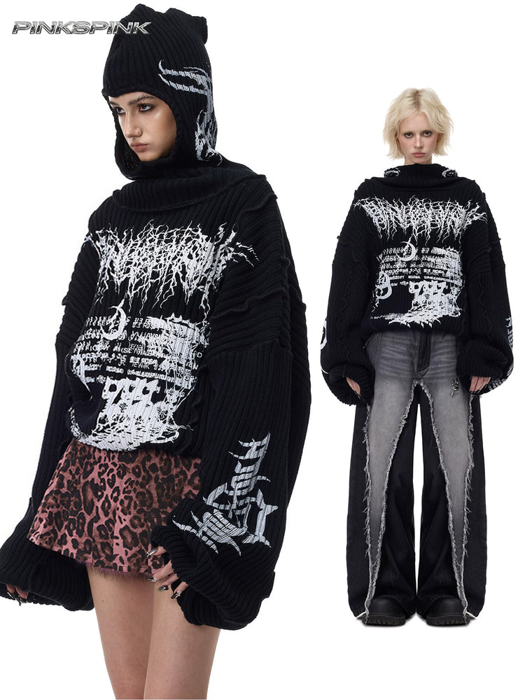 PINKSPINK THORN SIGNAL hooded graphic knit sweater — black modeled collage with graphic knit and pointed hood