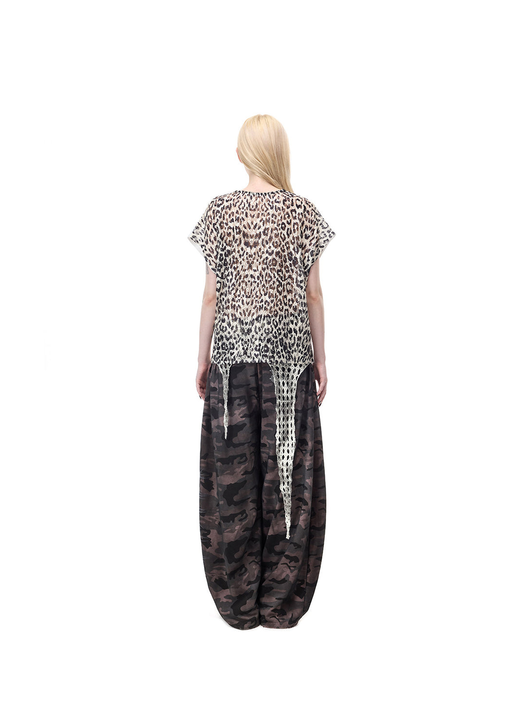 PINKSPINK DEVILCAT leopard-back graphic tee in white — full-length rear view styled with separate camouflage pants