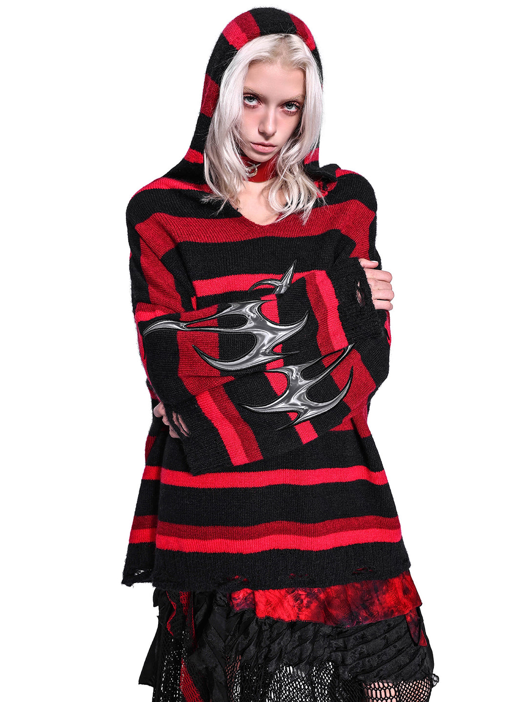 PINKSPINK ELECTRIC MOON striped hooded sweater in BLACK AND RED — close front pose showing both sleeve flame motifs.