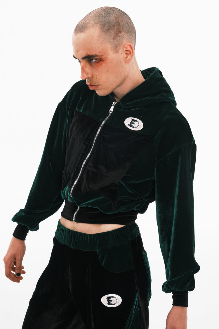 EMBRYO GREEN SPIKE cropped velvet hoodie — additional product detail view