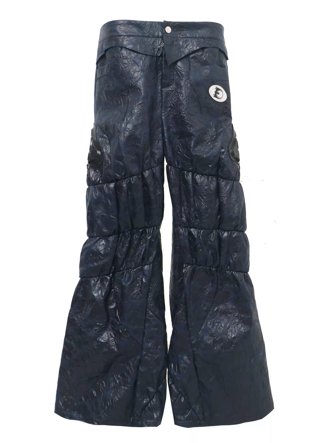 EMBRYO GUARD SHELL ruched PU leather flare pants — flat front garment-only view