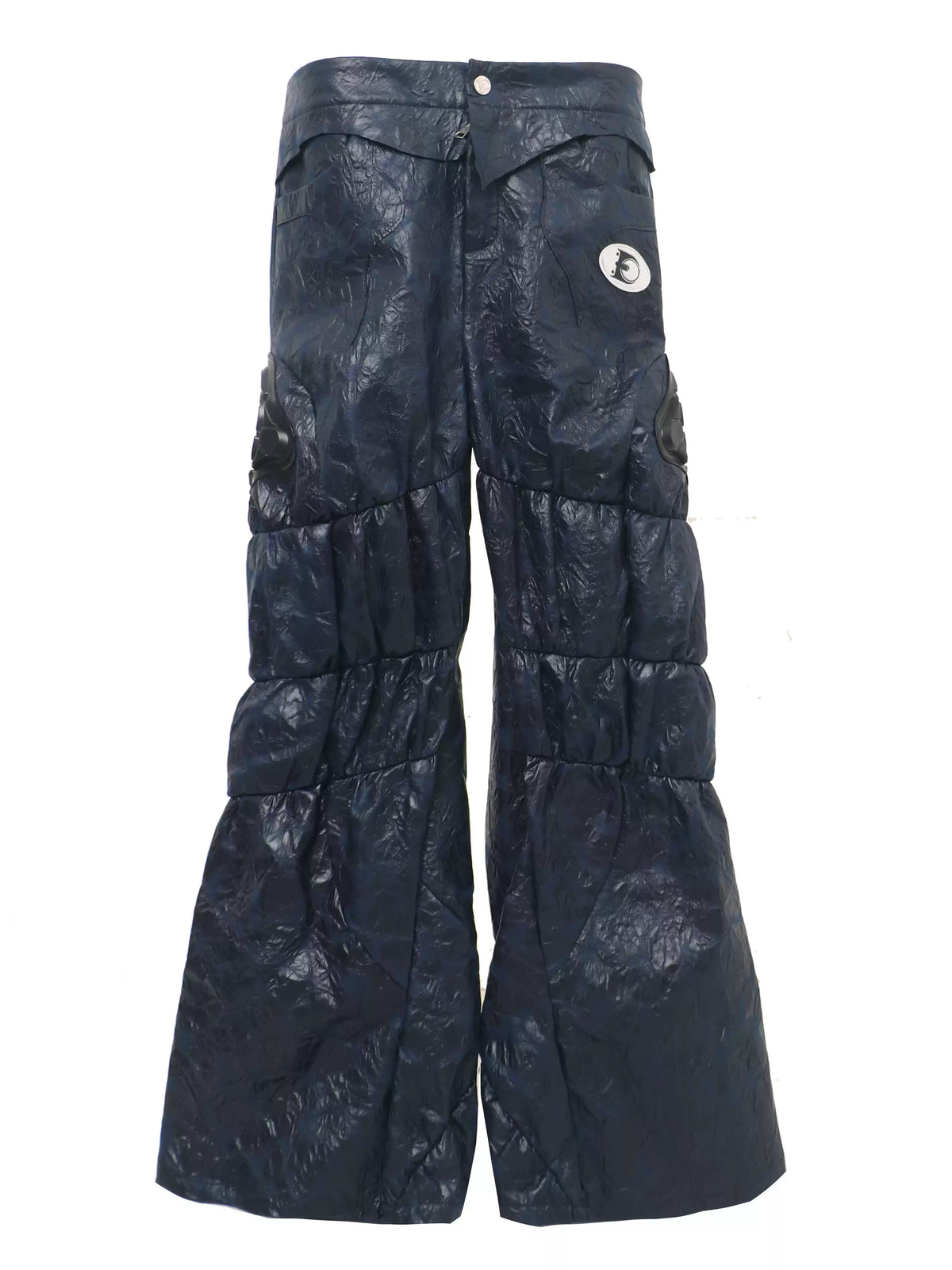 EMBRYO GUARD SHELL ruched PU leather flare pants — flat front garment-only view