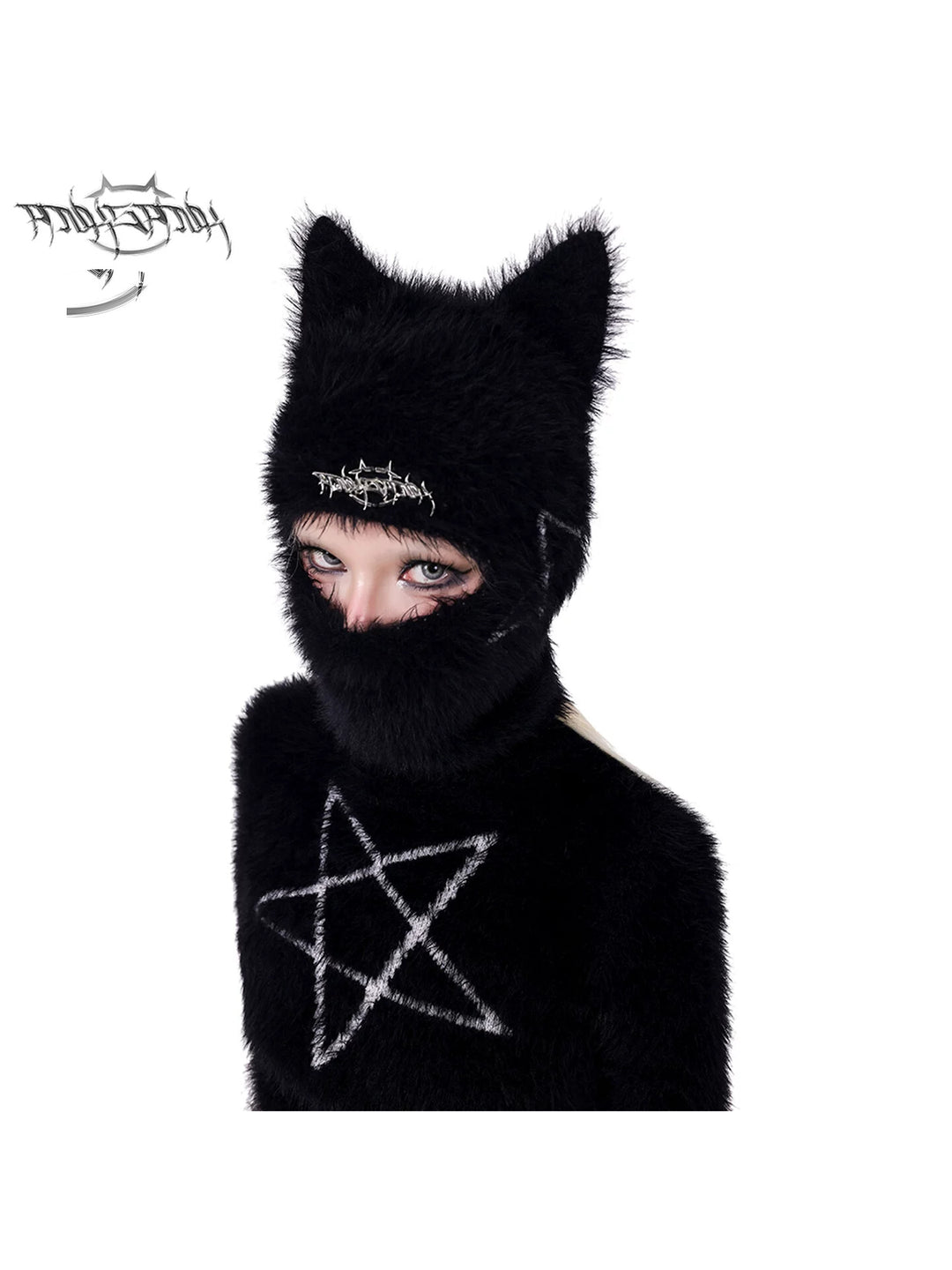 PINKSPINK PENTAGRAM cat-ear knit balaclava — cleaned hero collage showing the complete design